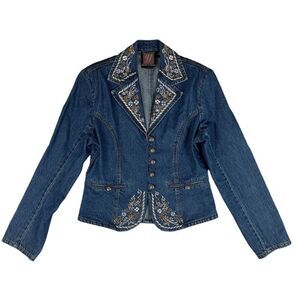 Vintage Signature Gordon & James Blue Denim Blazer Embroidered Lapels Women's M